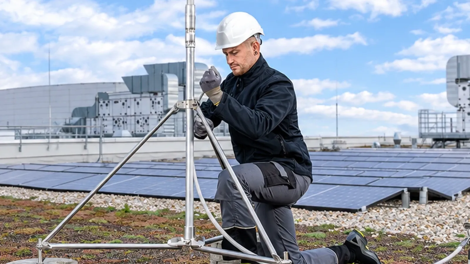 technician installing lightning rod