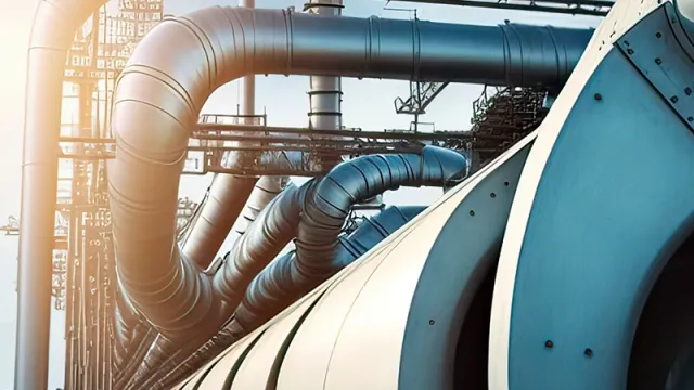 Industrial pipeline with high-voltage transmission tower in the background.