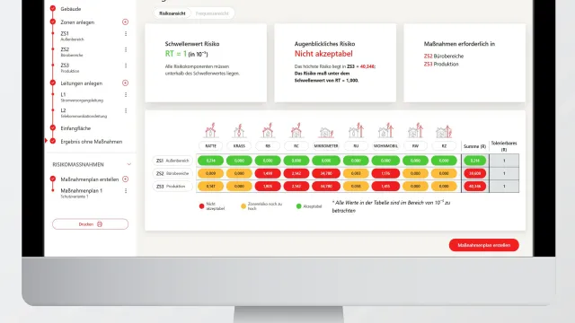 A computer screen shows the user interface of the DEHNrisk tool.