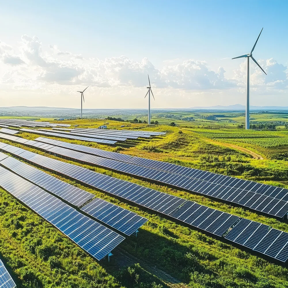 The picture shows a large ground-mounted PV system on a green field. Wind turbines can be seen in the background.