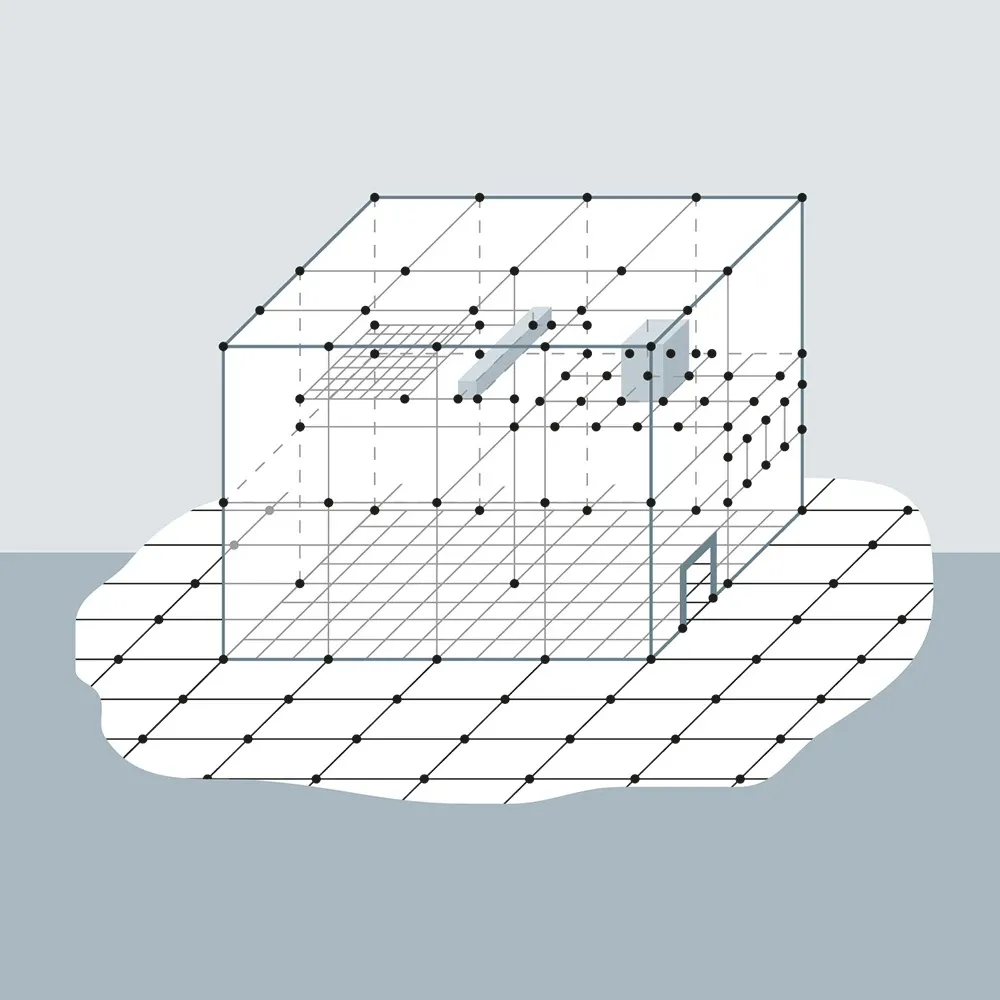A captivating image displays a 3D minimalist structure, where black dots form a diagonal grid, creating depth in a sleek glass frame. The white base and metal pole support add elegance, with the light blue background accentuating the geometric shapes dynamic movement.