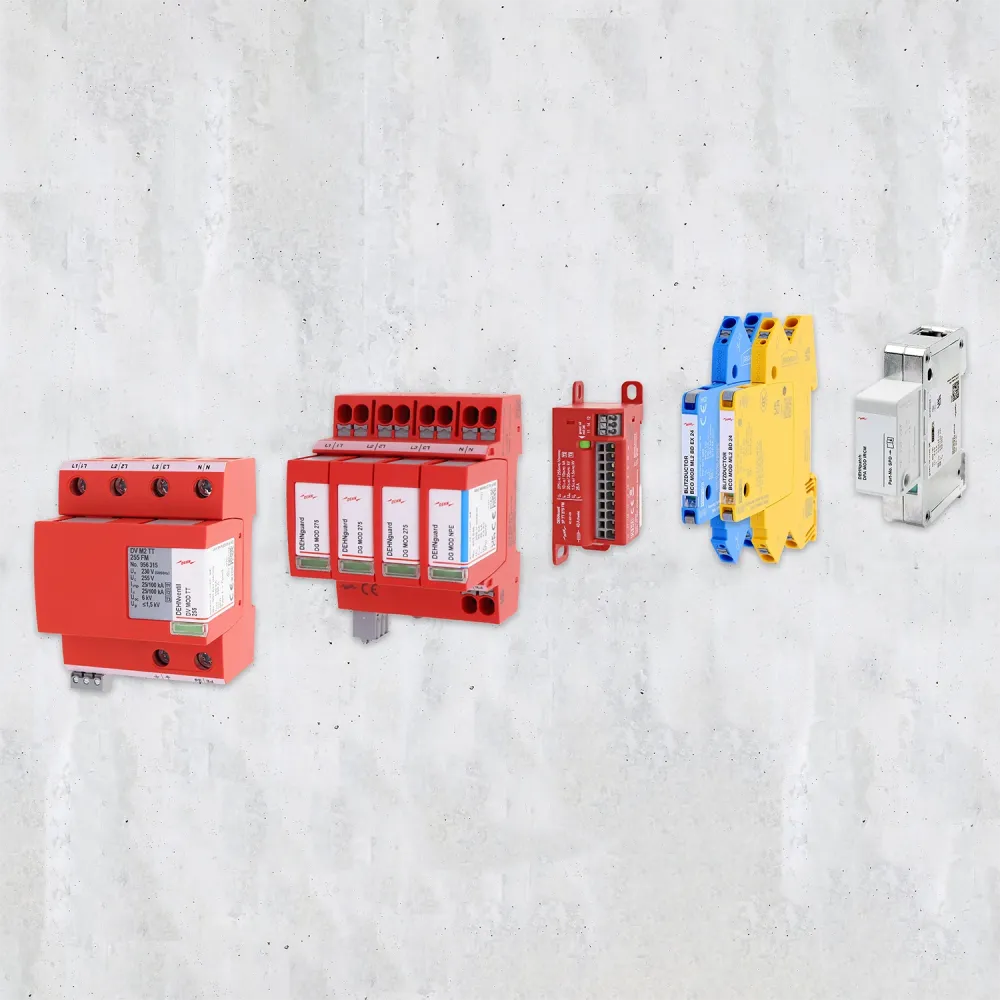 Surge protection products from DEHN on a concrete background