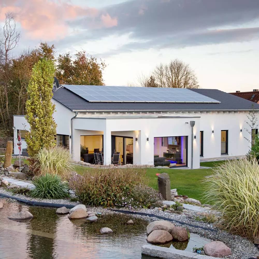 Single-family house with pond and a lot of plants in the garden