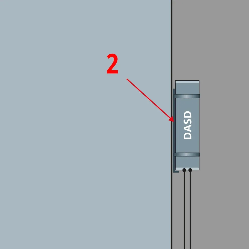 Diagram showing a DASD device mounted on a wall, highlighted by a red arrow labeled 2.