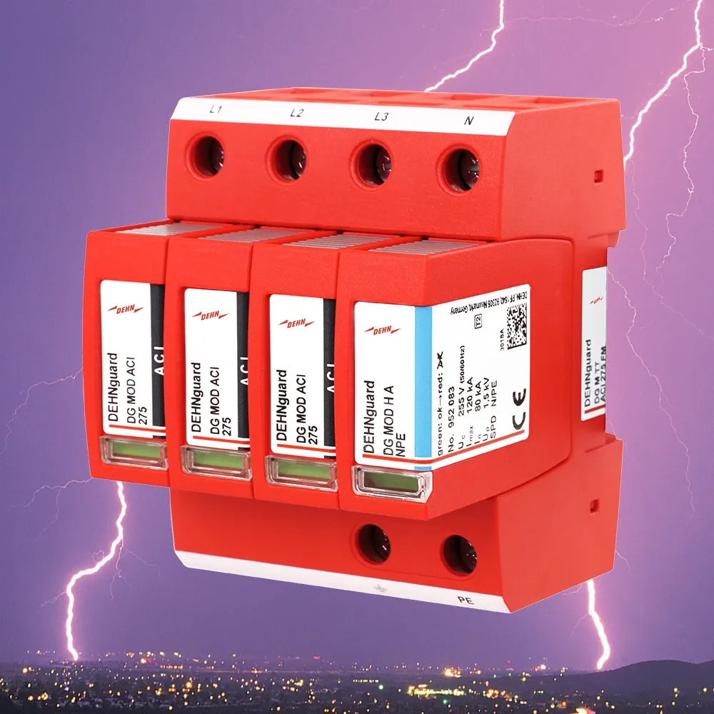 Red modular surge protection device with multiple pluggable modules, shown against a stormy sky with lightning in the background.