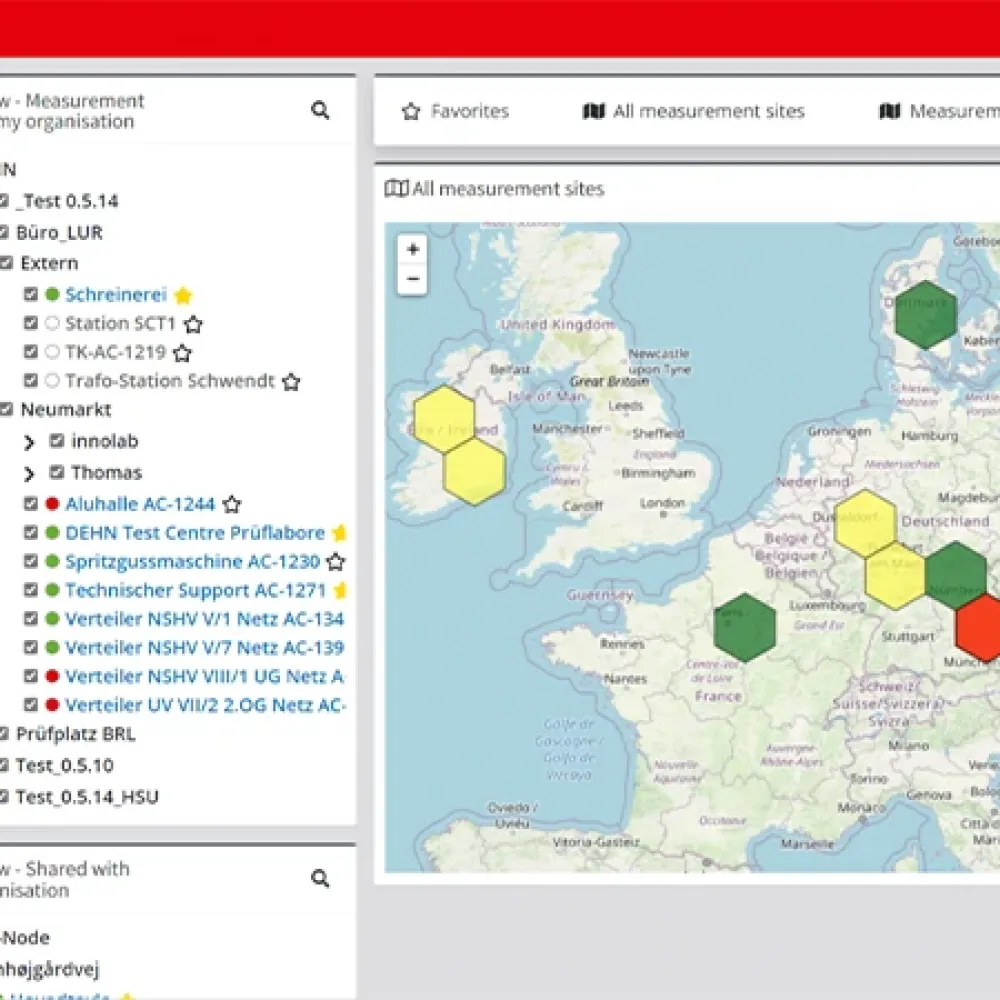 Dashboard with site list and a Europe map showing color-coded measurement locations in green, yellow and red.