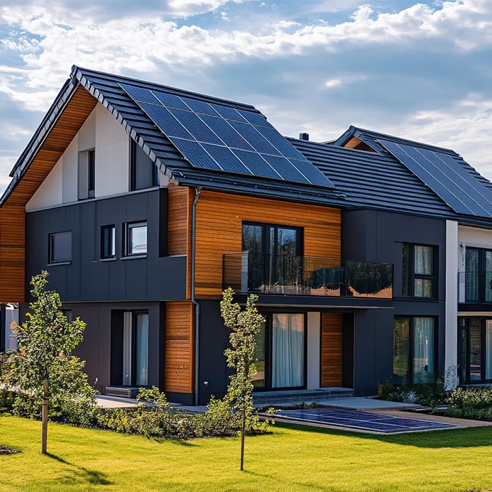 Modern residential houses with solar panels on pitched roofs, wood and dark façades, balconies, and landscaped green lawns.