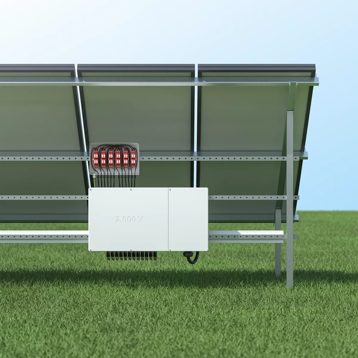 Electrical installation with multiple red fuses and a white box embossed with '2.000 V' mounted on a metal frame above green grass.