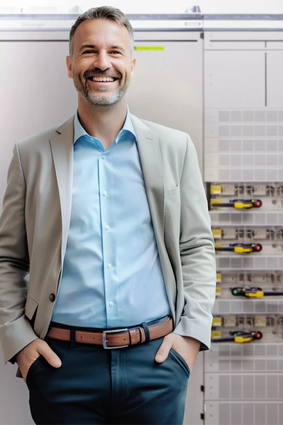 Man in light gray blazer, light blue shirt, and dark pants stands with hands in pockets in front of an electrical control panel with multiple switches and displays.