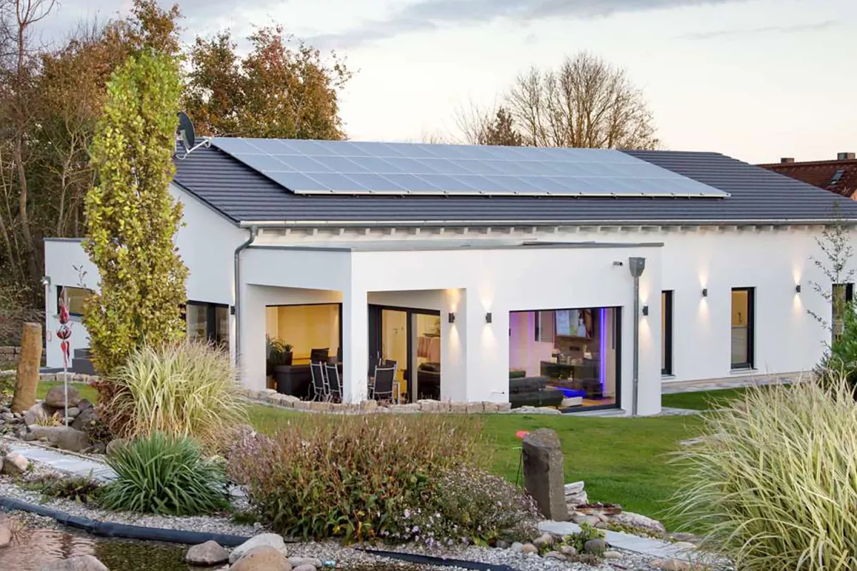 Single-family house with pond and a lot of plants in the garden