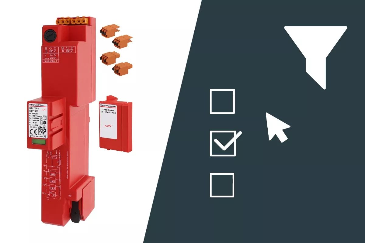 Image showing DEHNshield devices alongside icons for selection, filtering, and checkboxes on a dark background.
