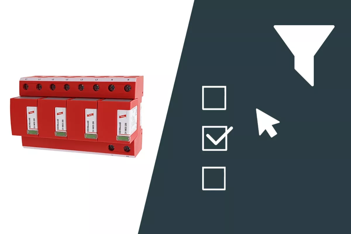 Image of a DEHNventil modular surge protection device next to selection and filter icons on a dark background.