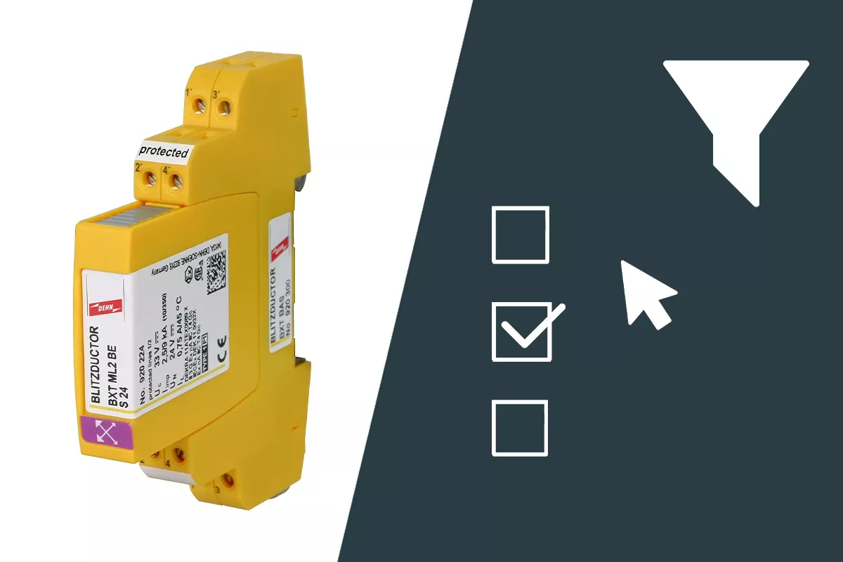 Yellow BLITZDUCTOR XT surge protection module next to filter and selection icons on a dark background.