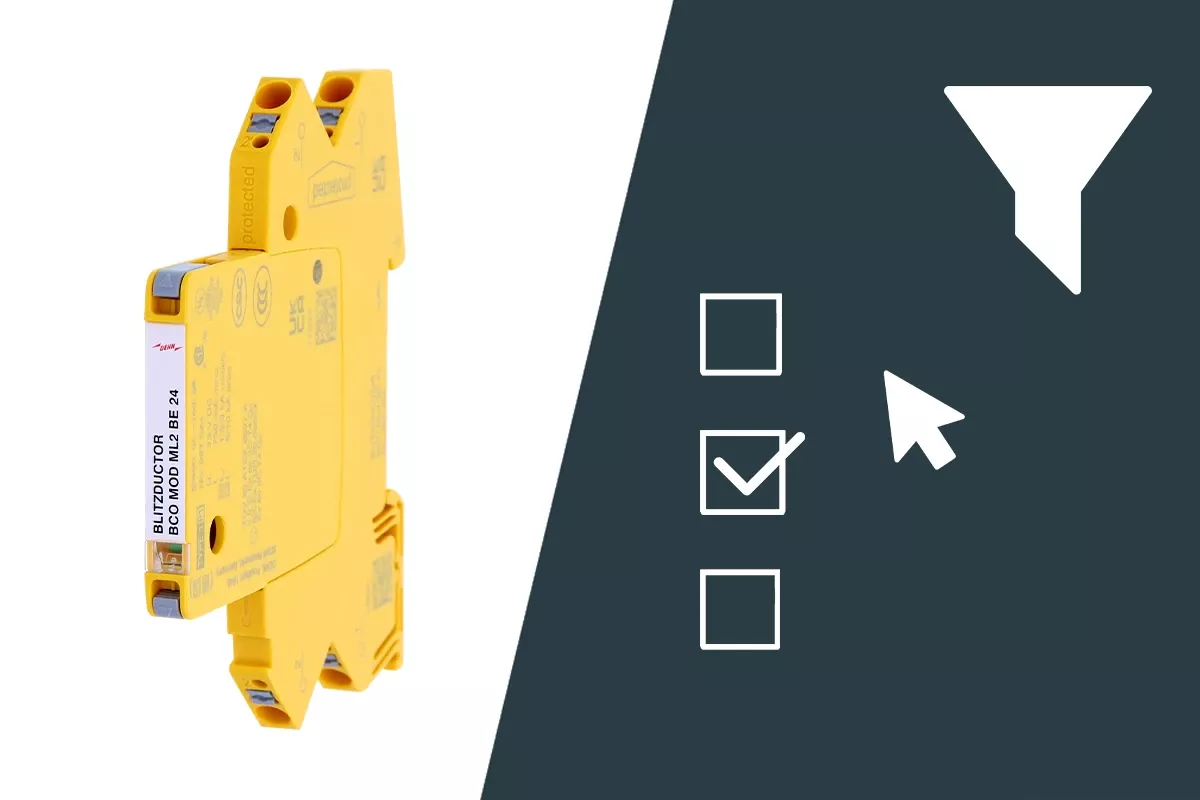 Modular yellow surge protection module next to filter and selection icons on a dark background.