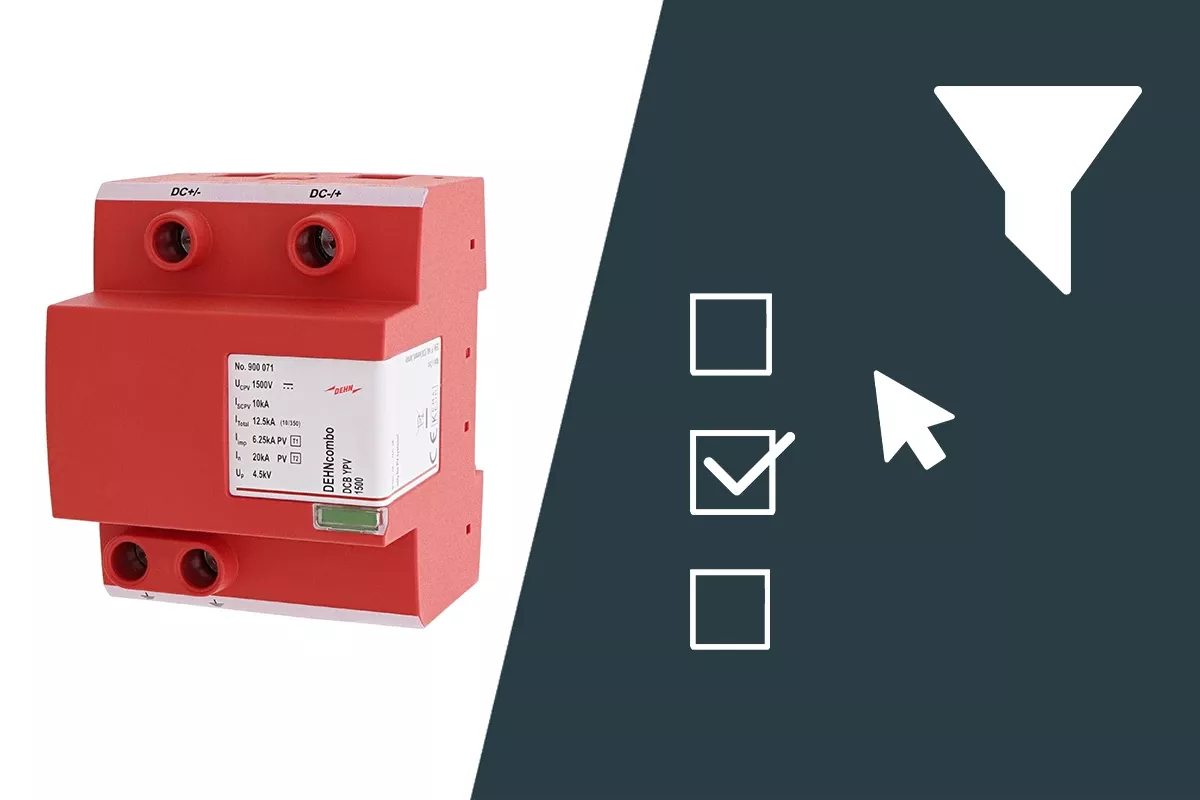 Red DEHNcombo surge arrester shown next to filter and selection icons.