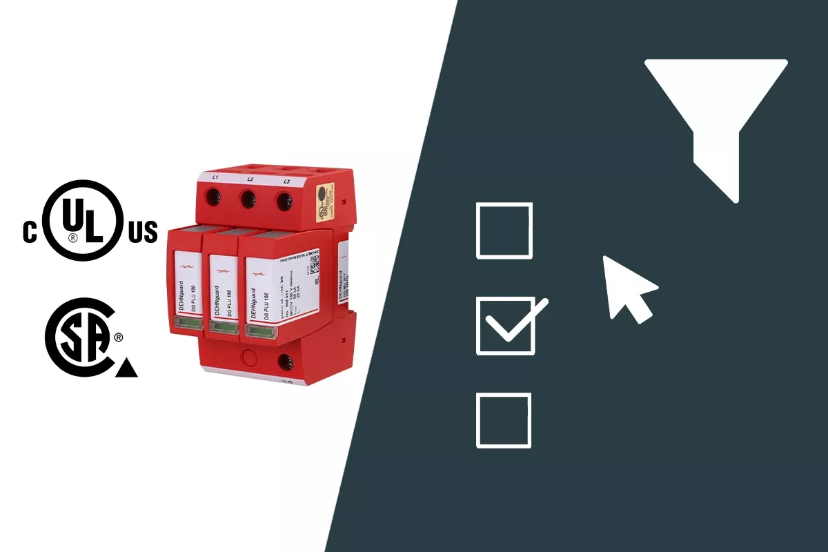 Red DEHNguard M UL surge arrester with UL and CSA certification icons and filter/selection symbols.