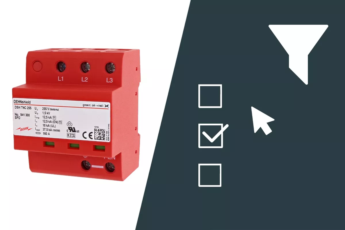 Red DEHNshield surge arrester shown next to filter icons and selection checkboxes.