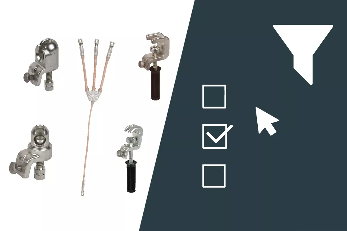 Various grounding and earthing clamps with a multi-branch grounding cable shown beside filter and selection icons.